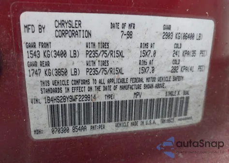 1998 Dodge Durango Slt из США, поврежденный, VIN 1B4HS28Y9WF229914